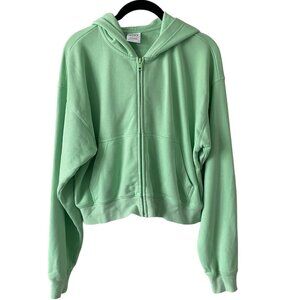 TNA Airy Fleece Zip Up Long Sleeve Cropped Casual Boyfriend Hoodie Green Small